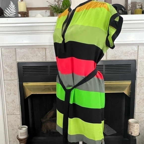 Twelfth Street By Cynthia Vincent Bright Color Block Silk Shirt Dress With A Tie - Picture 4 of 12